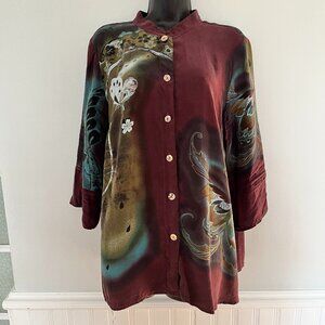 Citron Santa Monica Floral 100% Silk Asian Inspired Tunic, Size 1X